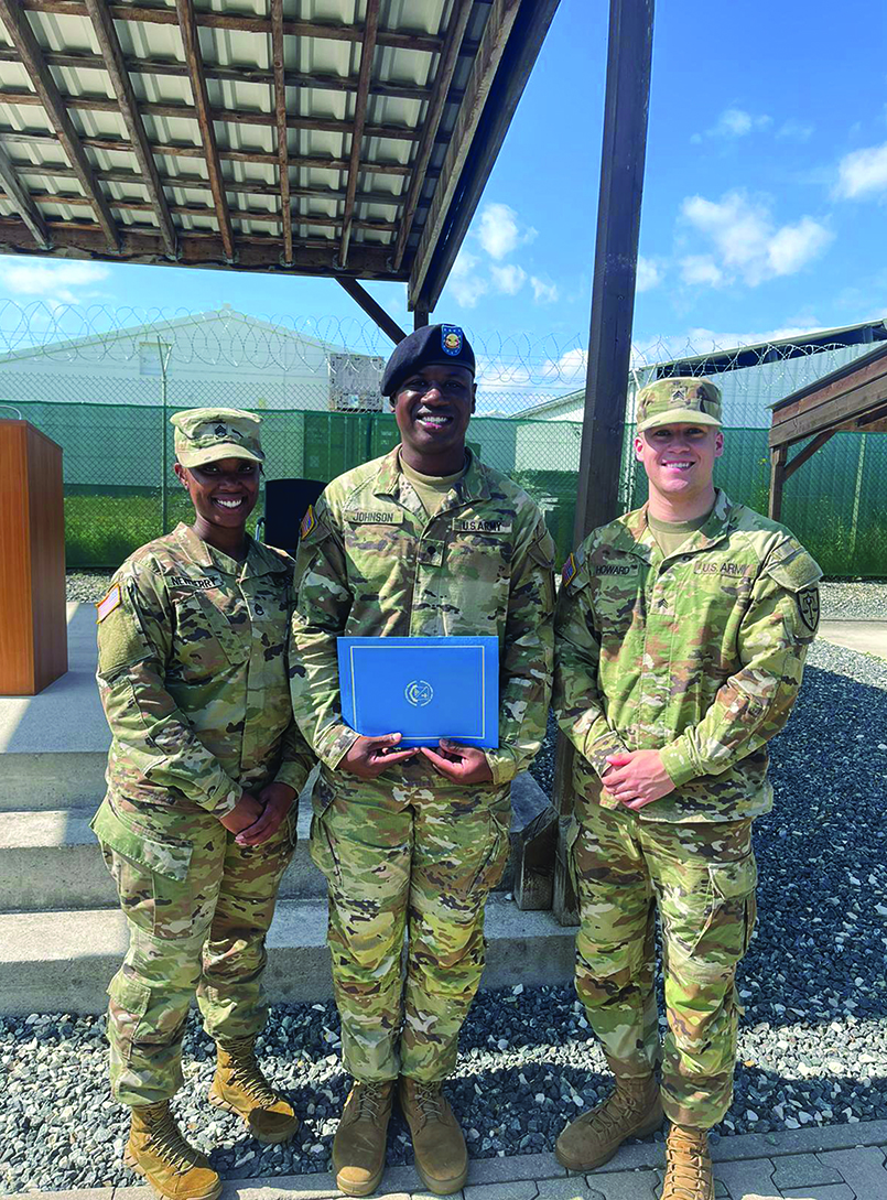 Congratulations to SPC Marquise Johnson of the 7th Army Training Command OSJA for his BLC graduation. Pictured from L to R: SSG Sha’davia Newberry, SPC Marquis Johnson, and SGT Blake Howard.
